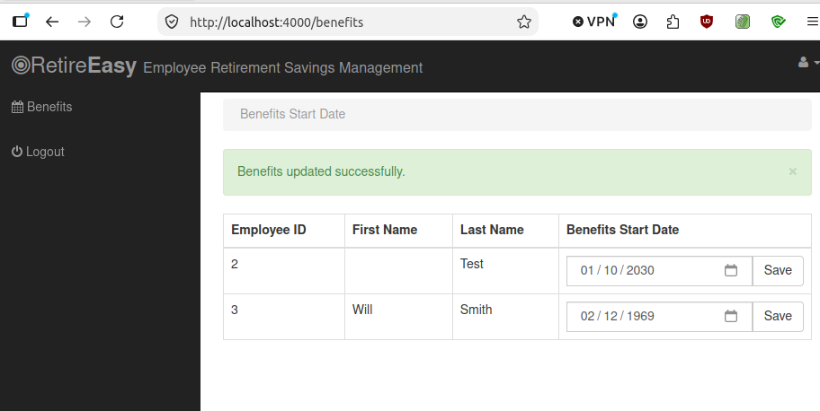 Write confirmation on the benefits page