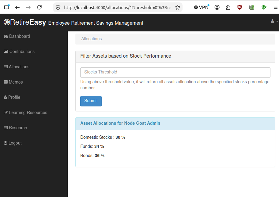 JavaScript injection in the allocations filter