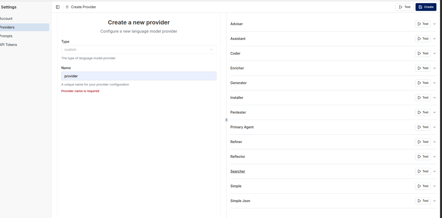 Schermata Create Provider di PentAGI