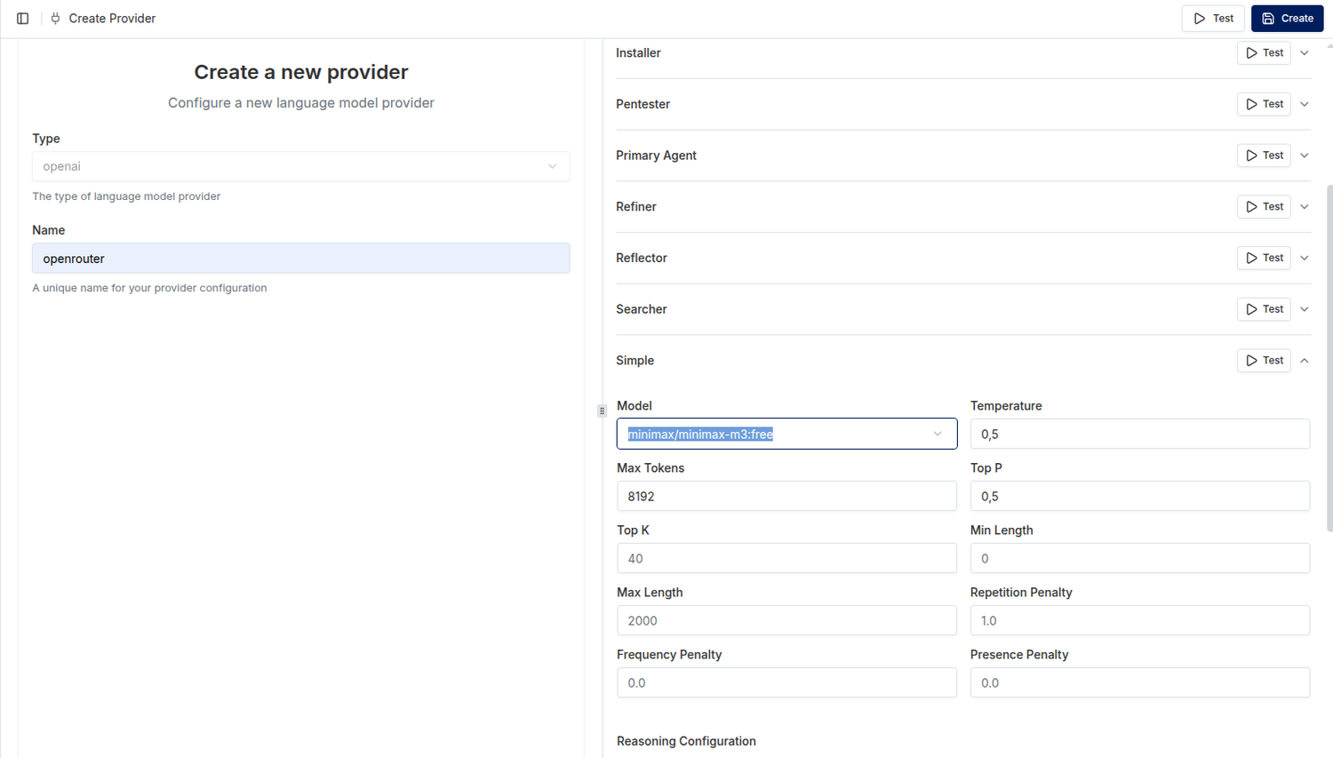 Provider configurato con type openai