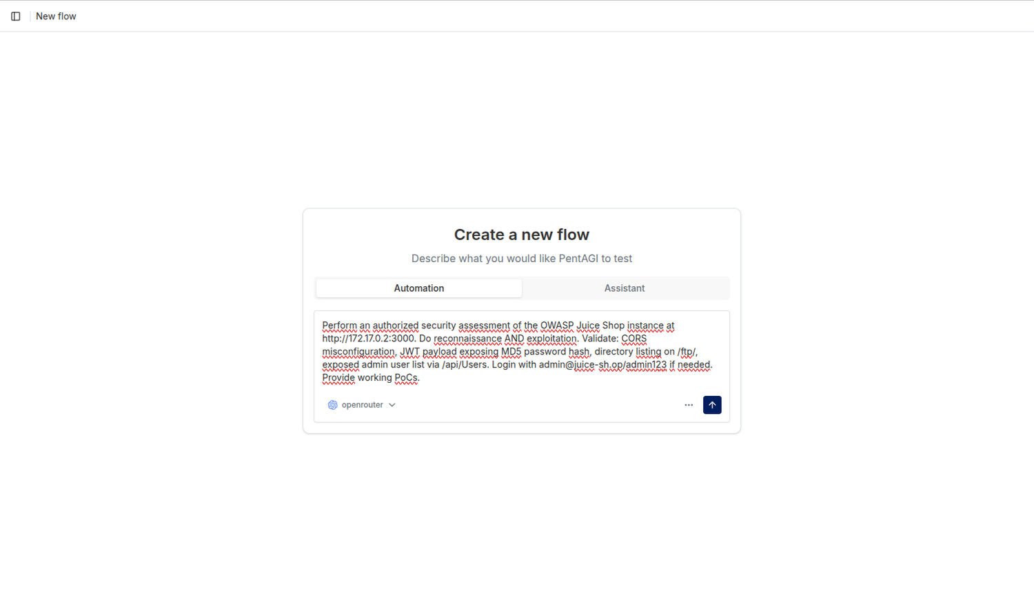 Creazione di un nuovo flow in PentAGI