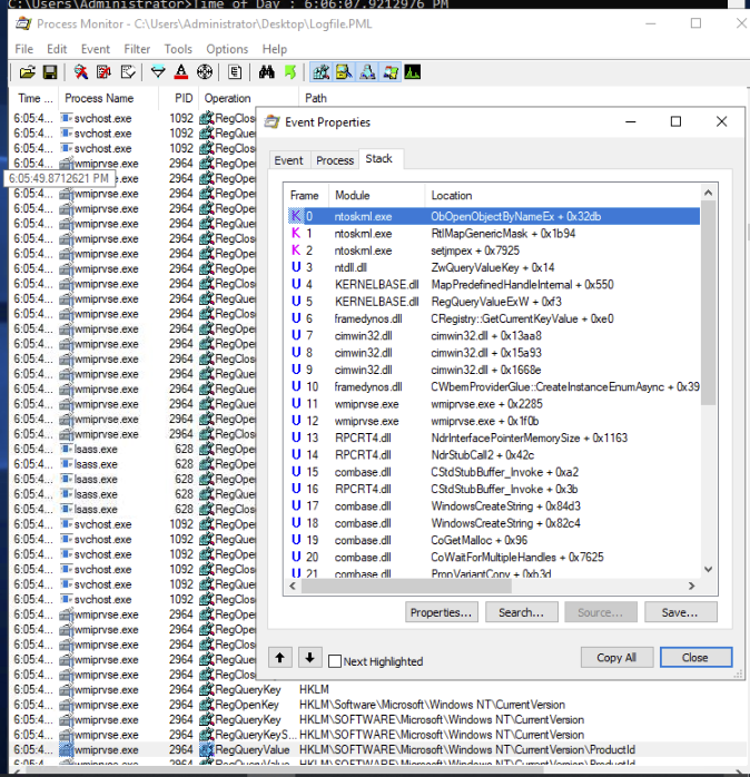 Stack dell'evento RegQueryValue in Process Monitor
