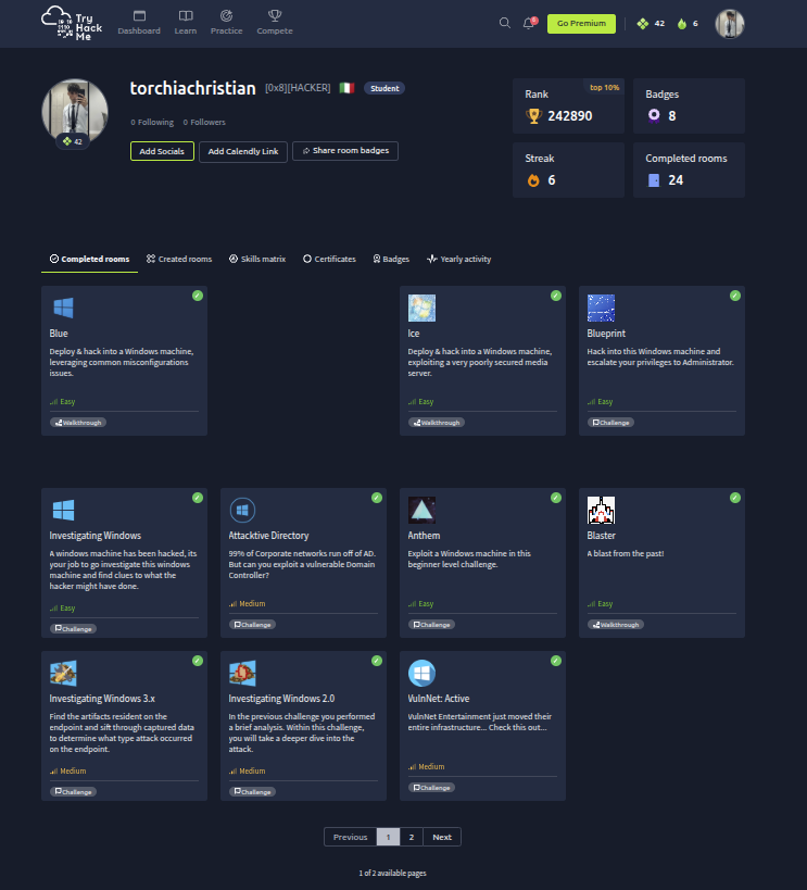 Profilo TryHackMe, room completate
